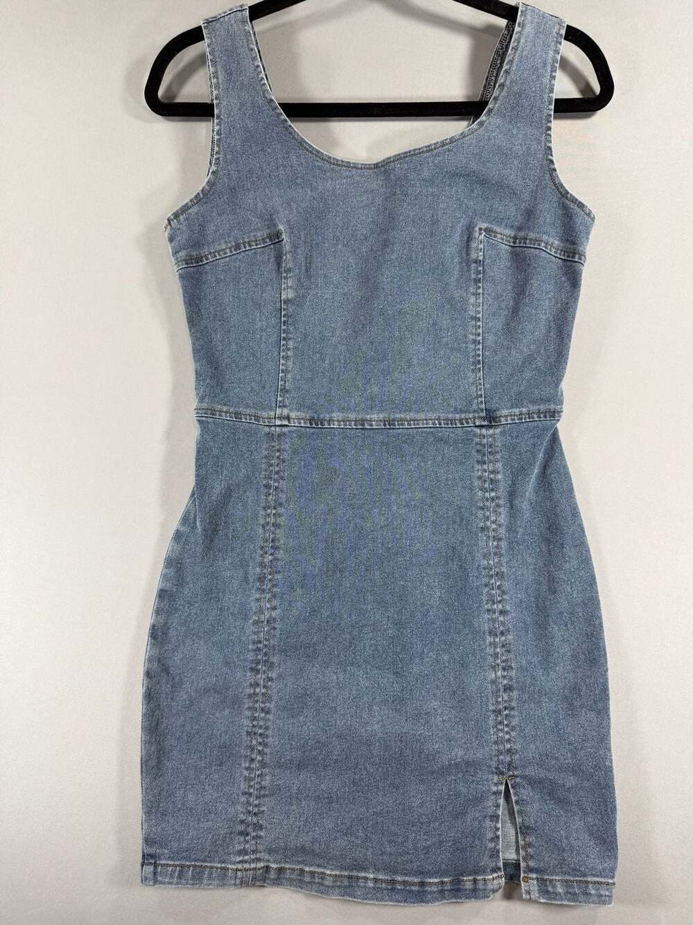 Light Wash Denim Mini Dress Sleeveless Bodycon Square Neck Side Slit Y2K style